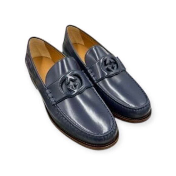 Gucci Blue Leather GG Logo Loafers - Picture 1 of 6